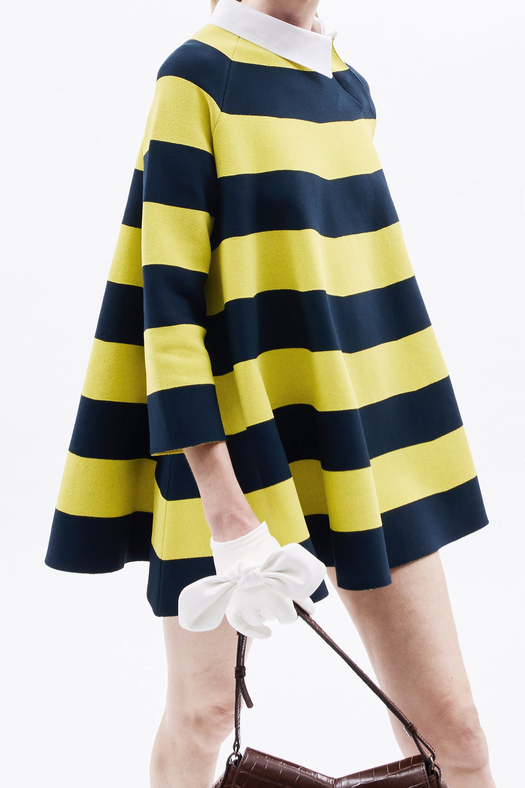 Knitted Flared Mini Dress With Asymmetric Collar Yellow Navy Striped