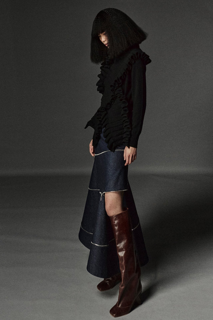 Denim High Waisted Multi Strap Skirt With Zips Indigo Rinse Wash