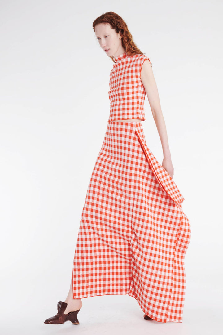 Knitted Fitted Maxi Skirt With Side Panel Red White Gingham