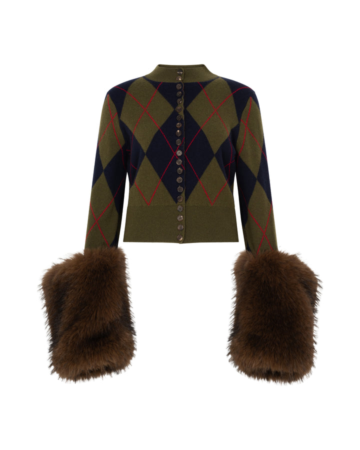 Knitted Cardigan With Faux Fur Cuffs Navy Green Red Argyle Brown