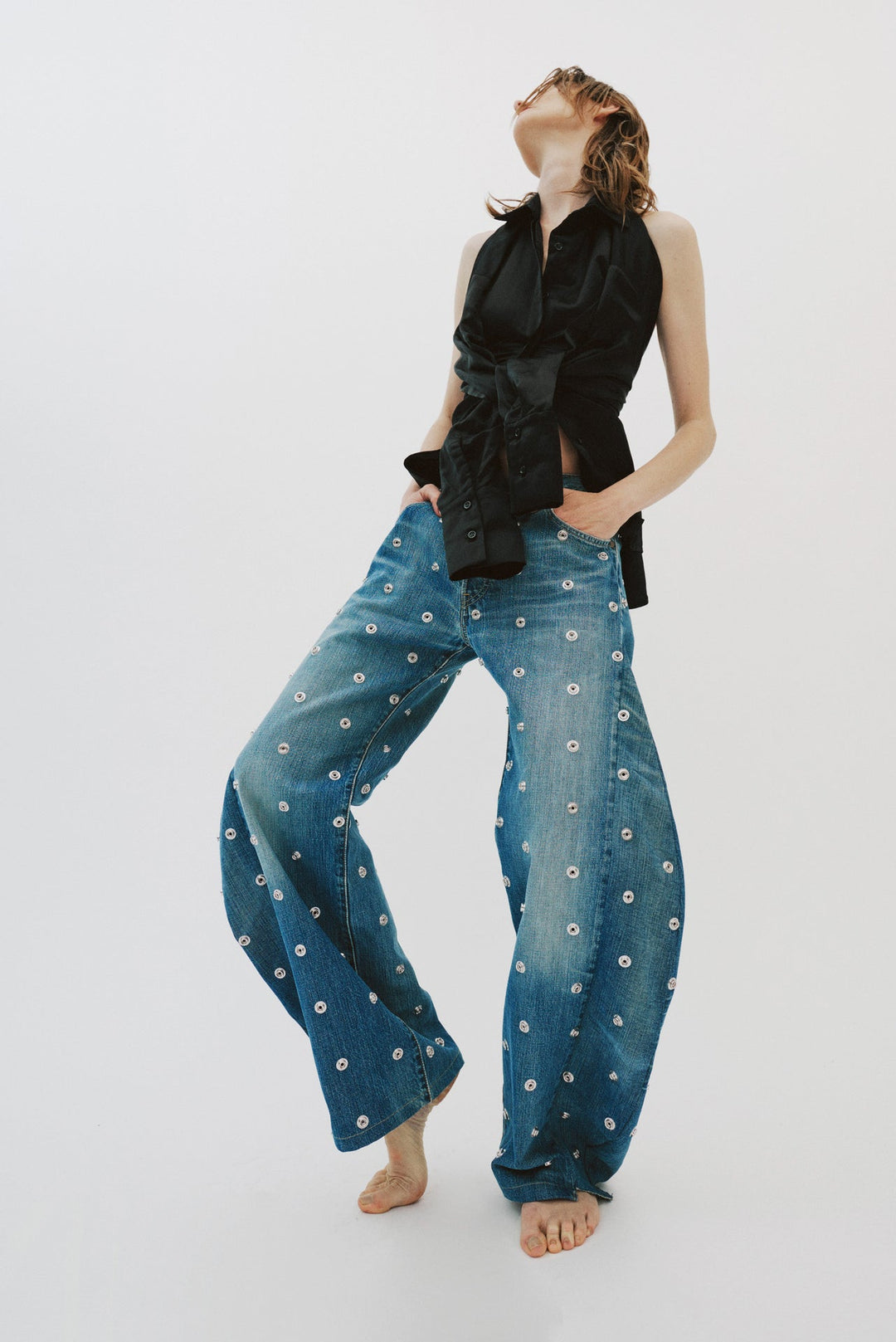 Studded Organic Jeans With Side Inserts Blue