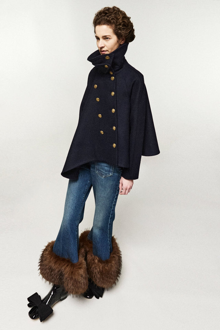 Flared Pea Coat With High Collar And Gold Buttons Navy
