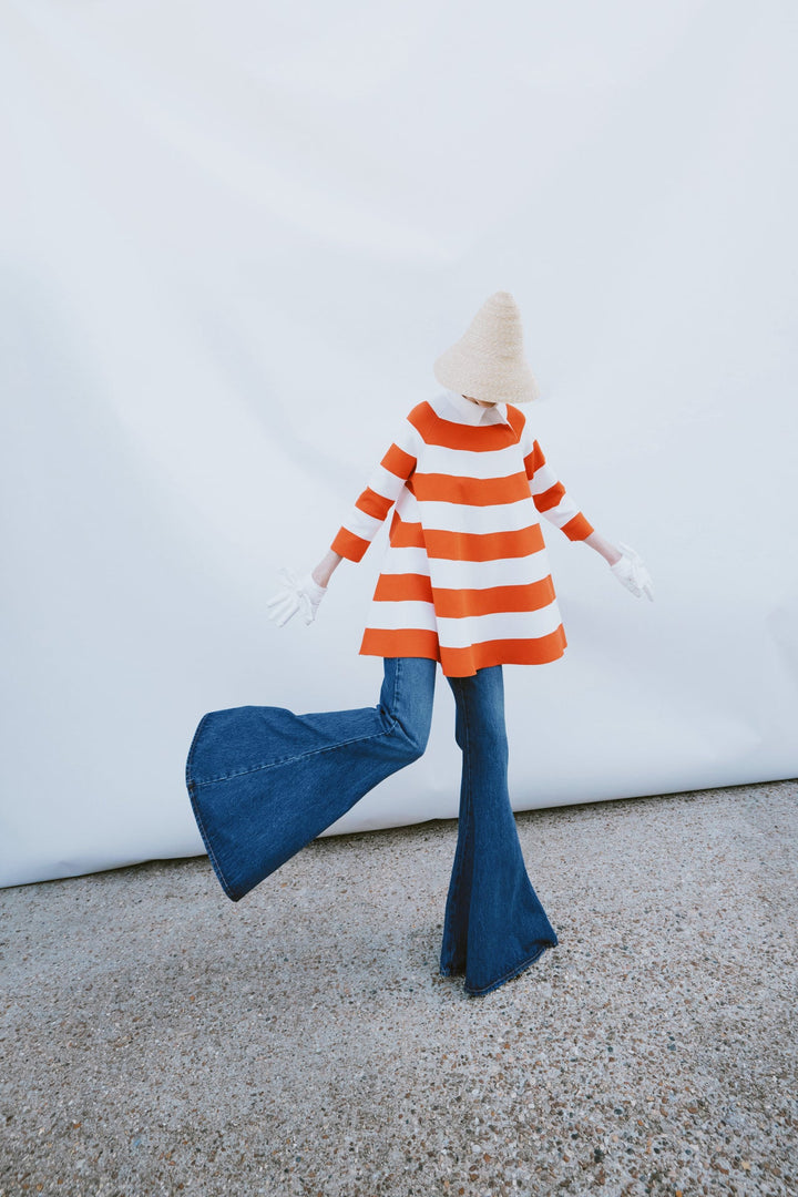 Knitted Flared Mini Dress With Asymmetric Collar Red White Striped