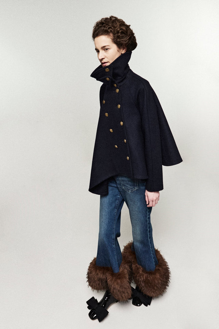 Cropped Flared Trousers With Faux Fur Hem Classic Blue Wash