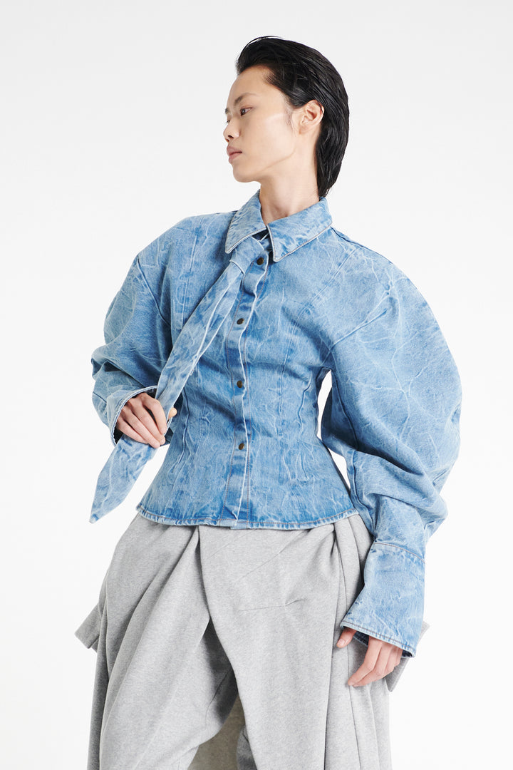 Puff Sleeve Shirt Indigo Acid Wash