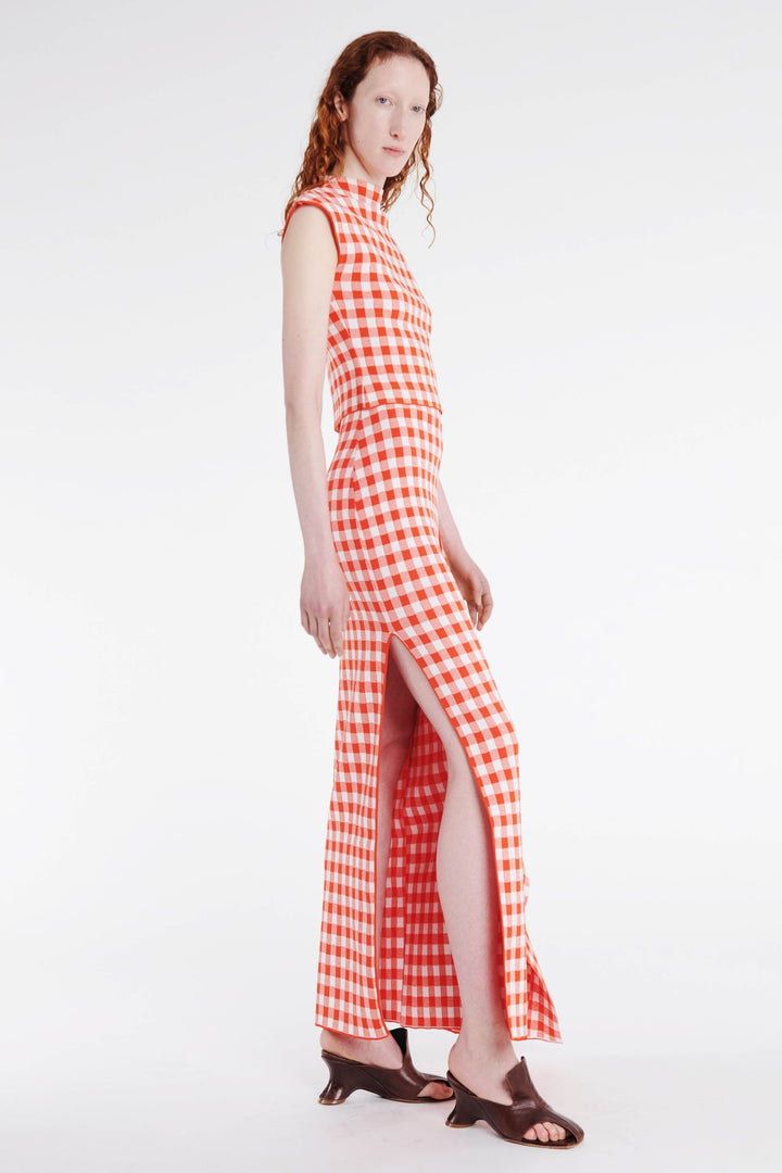 Knitted Fitted Maxi Skirt With Side Panel Red White Gingham