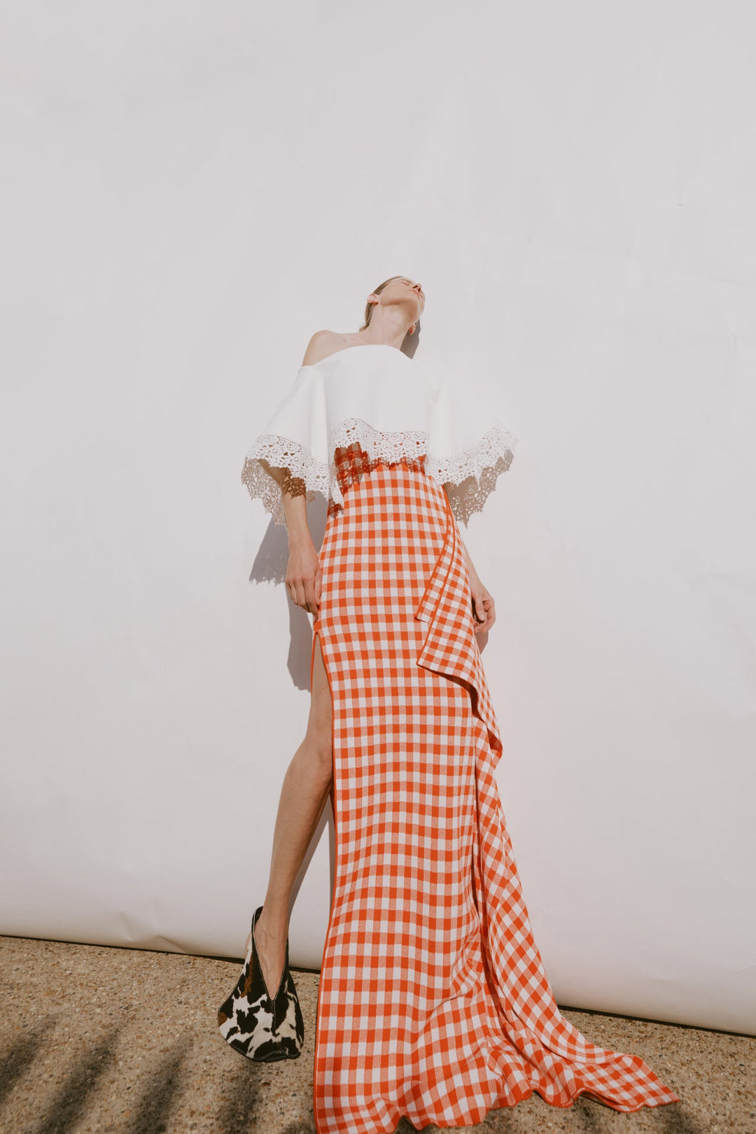 Knitted Fitted Maxi Skirt With Side Panel Red White Gingham