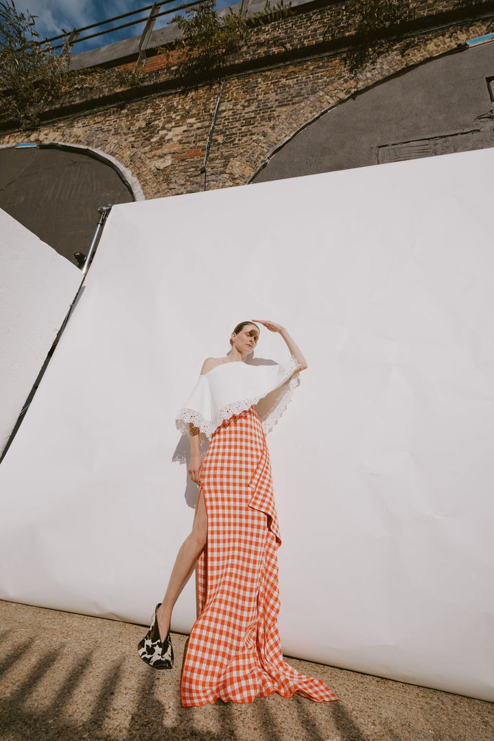 Knitted Fitted Maxi Skirt With Side Panel Red White Gingham