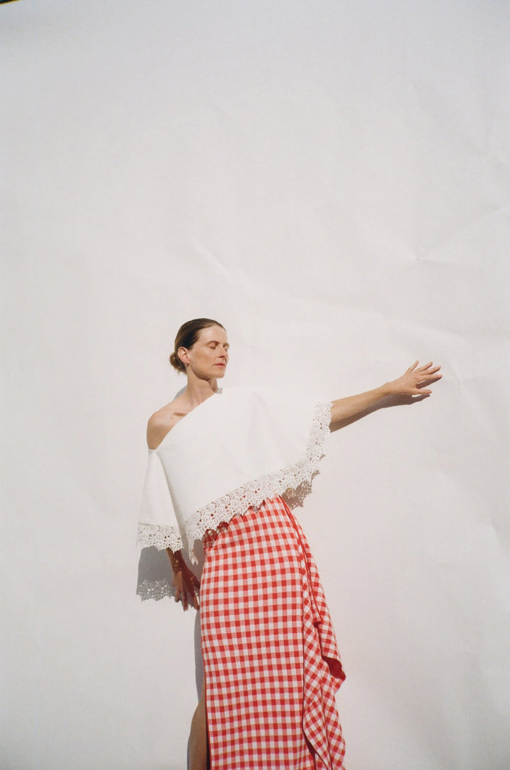 Knitted Fitted Maxi Skirt With Side Panel Red White Gingham