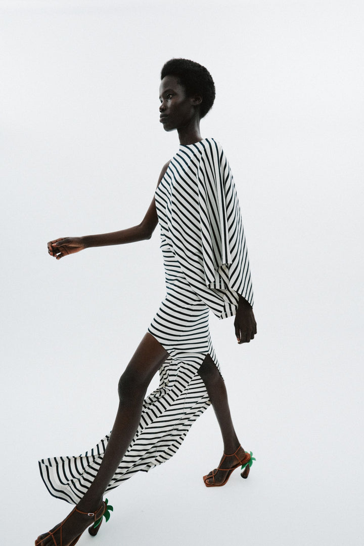 Asymmetric Maxi Dress With Cut Out Navy Ecru Stripe
