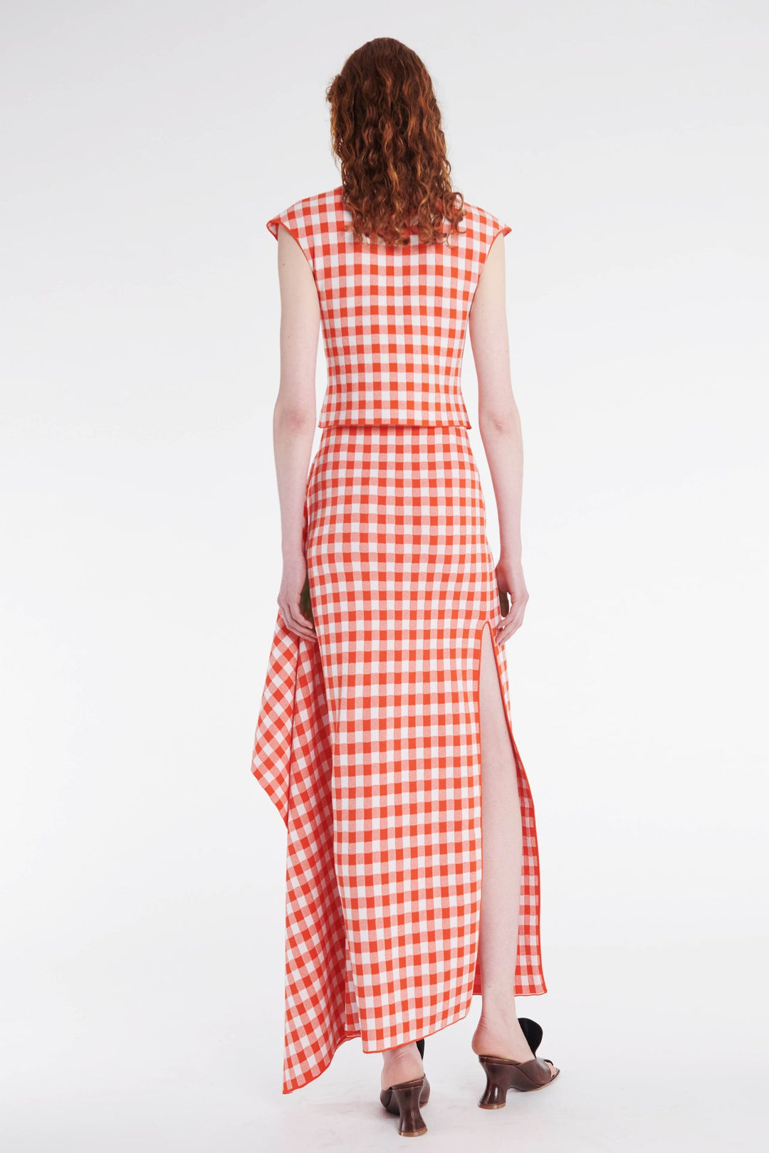 Knitted Fitted Maxi Skirt With Side Panel Red White Gingham