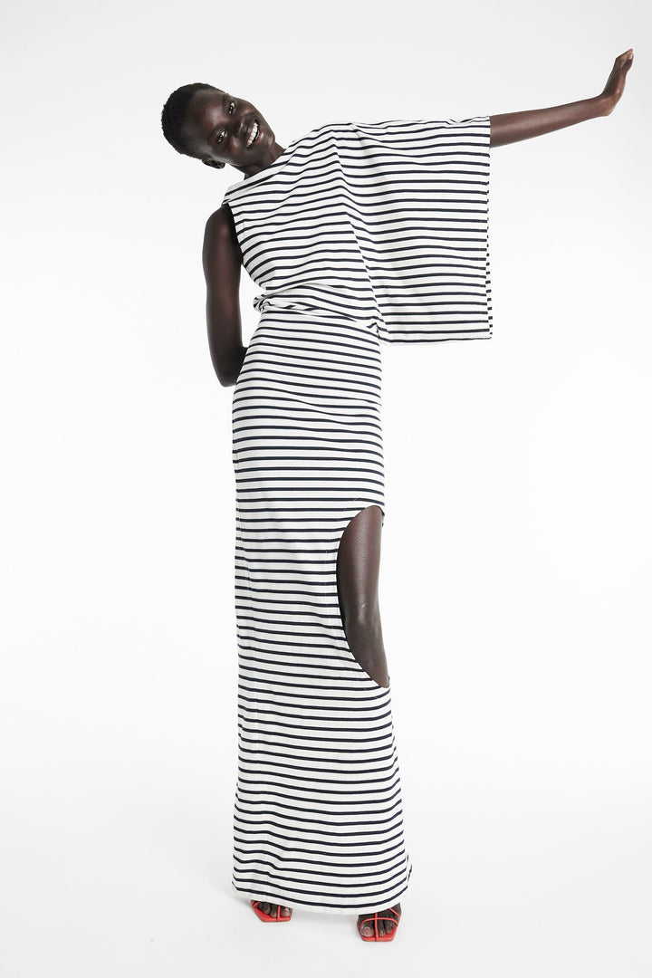 Asymmetric Maxi Dress With Cut Out Navy Ecru Stripe