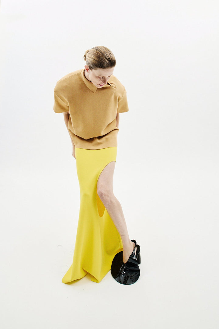 Knitted Flared Skirt With Cutout Yellow