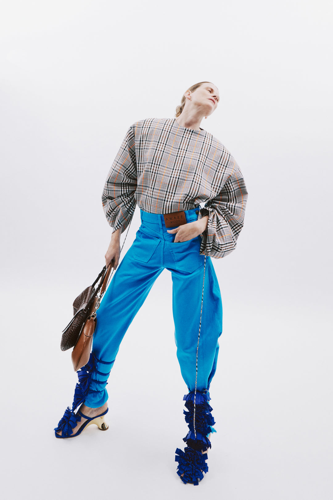 Drawstring Sleeve Top Brown Check