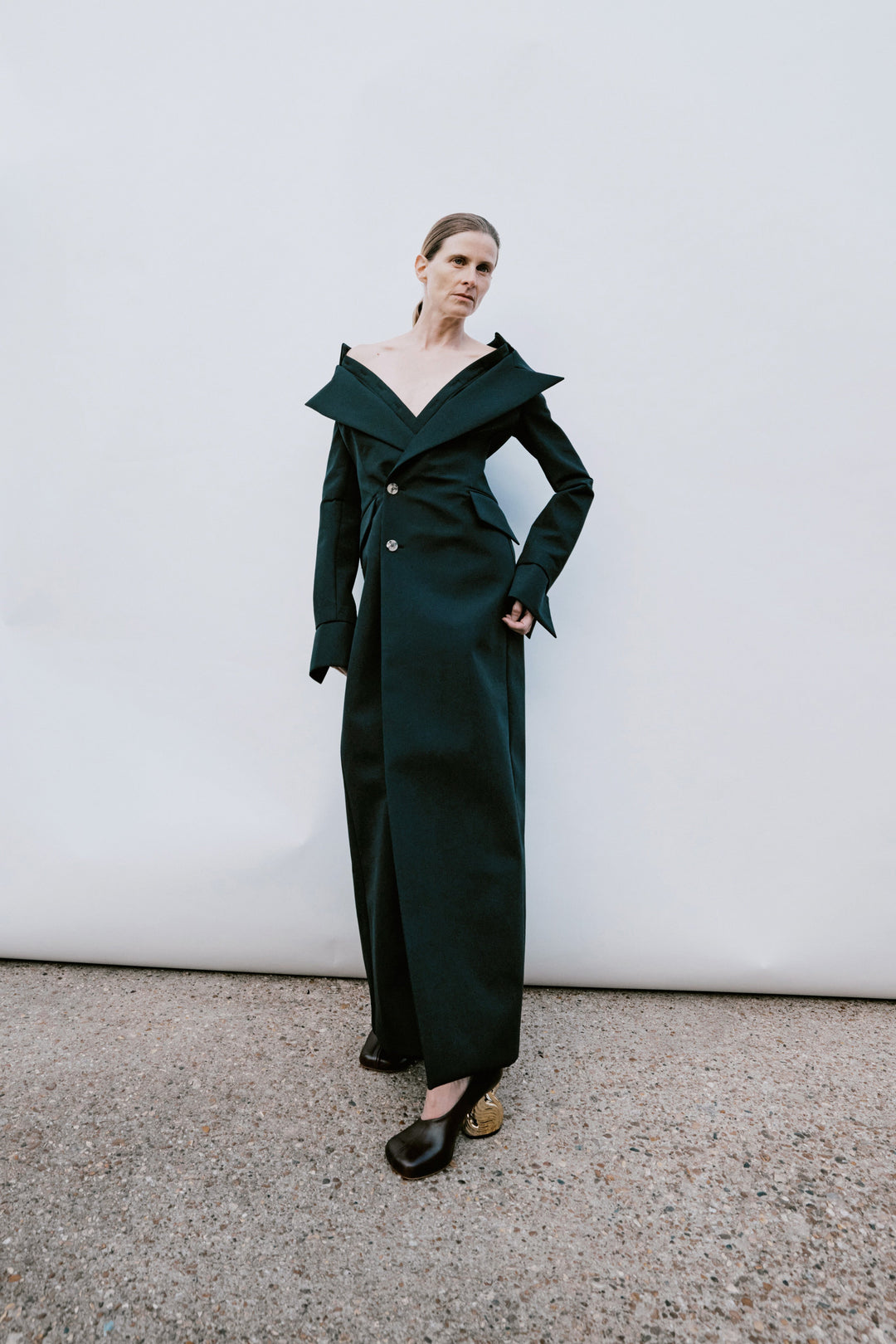 Double-Breasted Fitted Off-Shoulder Jacket Dress Black