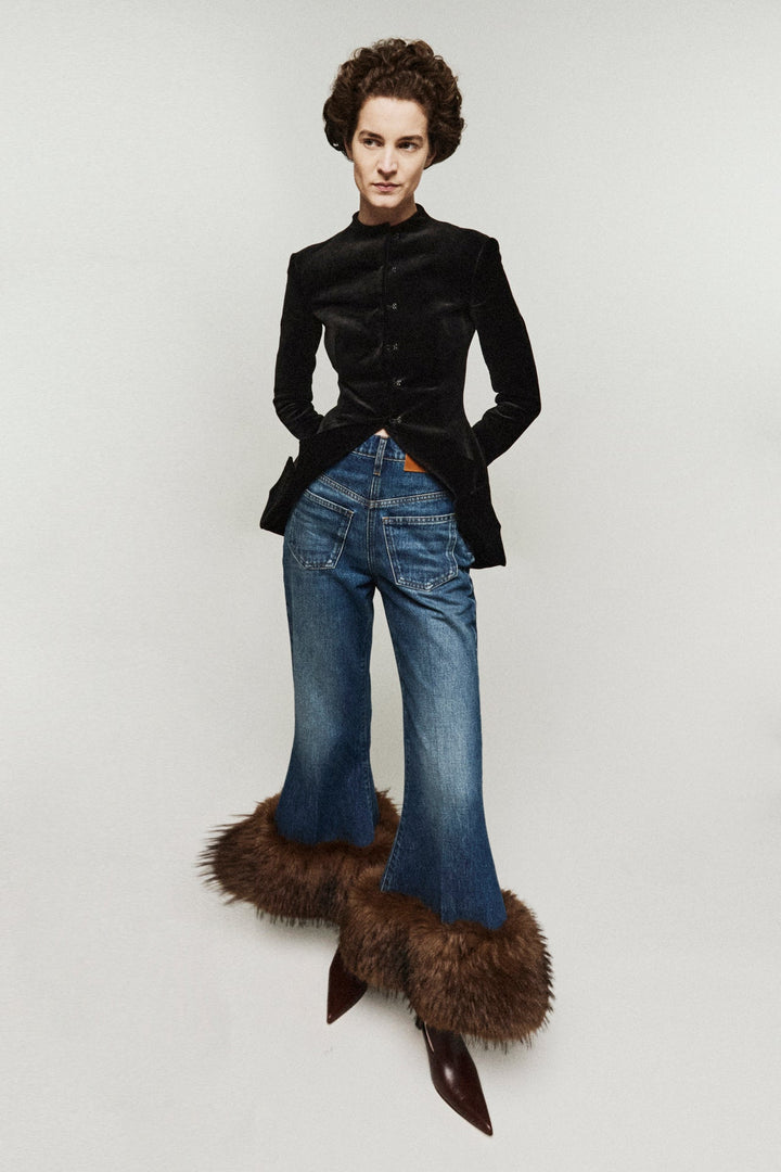 Cropped Flared Trousers With Faux Fur Hem Classic Blue Wash