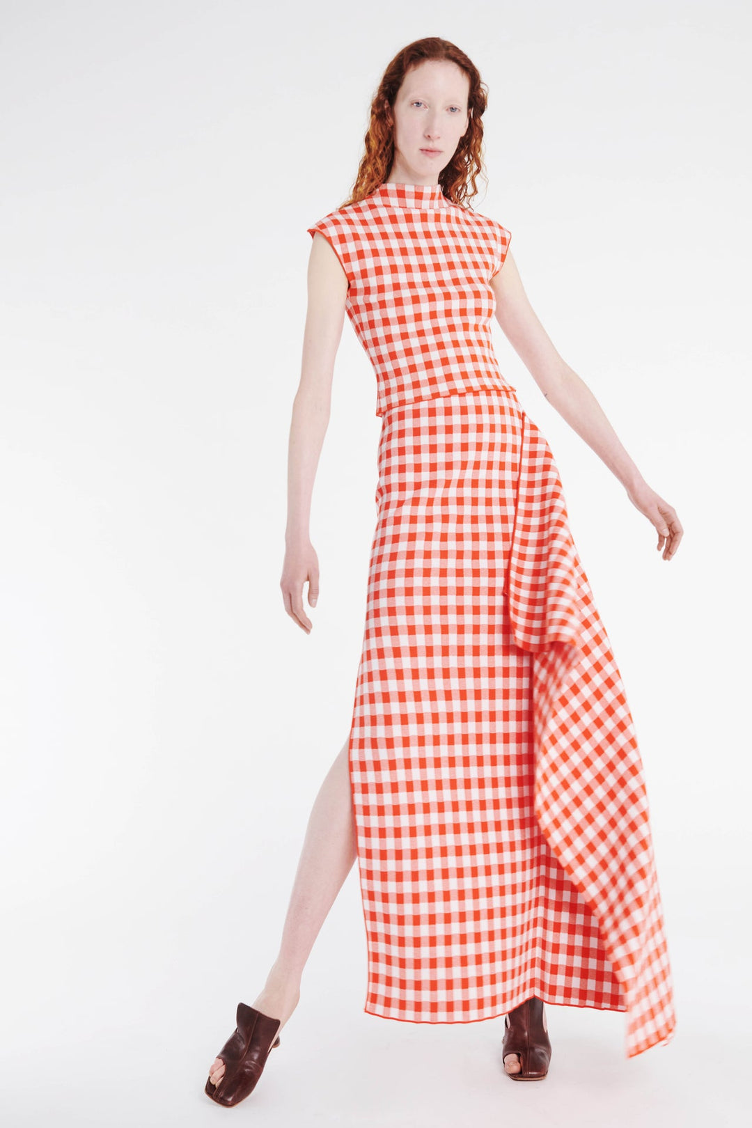 Knitted Fitted Maxi Skirt With Side Panel Red White Gingham