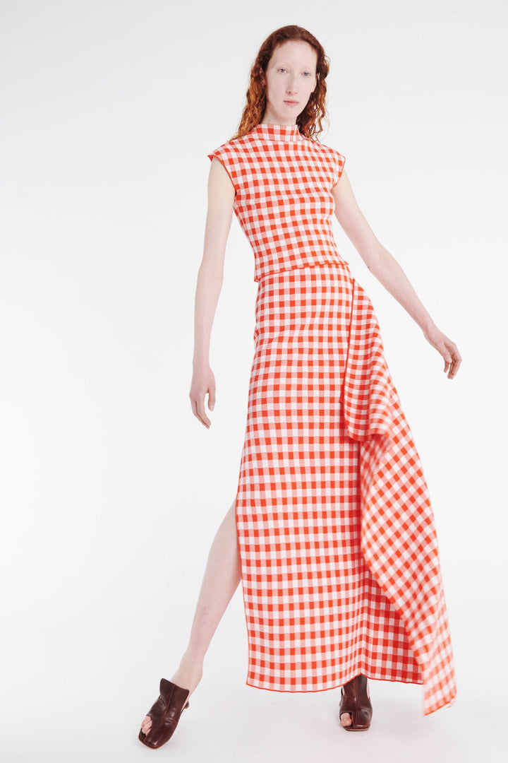 Knitted Fitted Maxi Skirt With Side Panel Red White Gingham