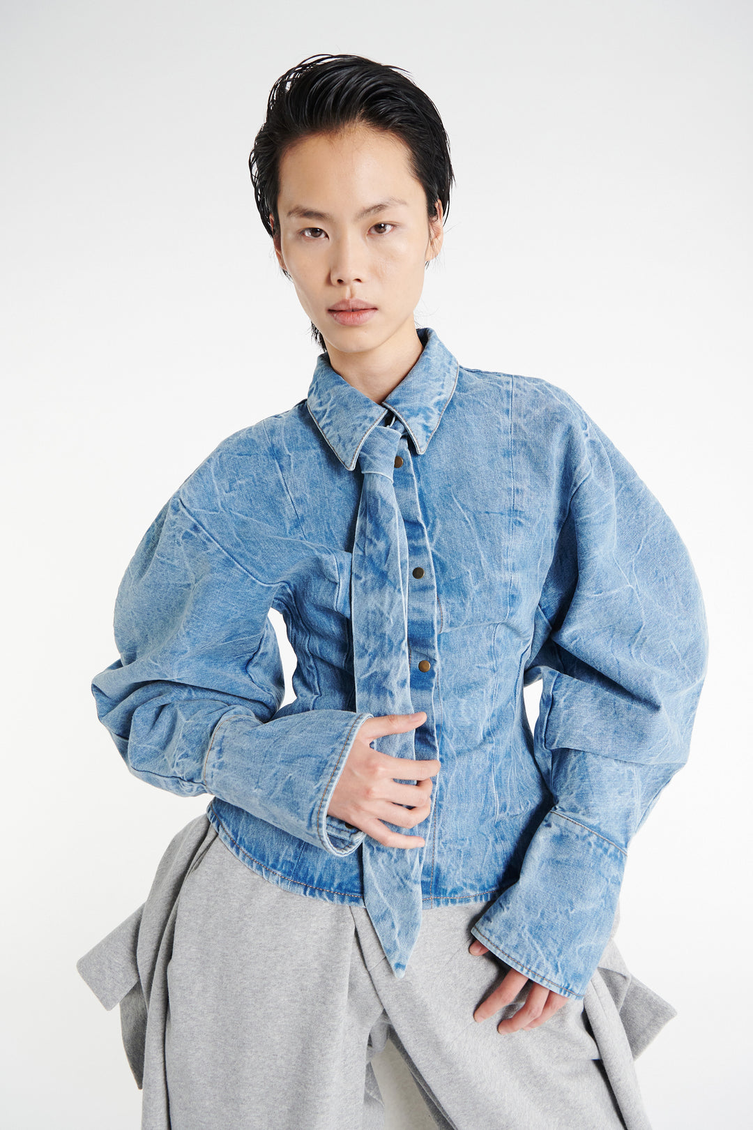 Puff Sleeve Shirt Indigo Acid Wash