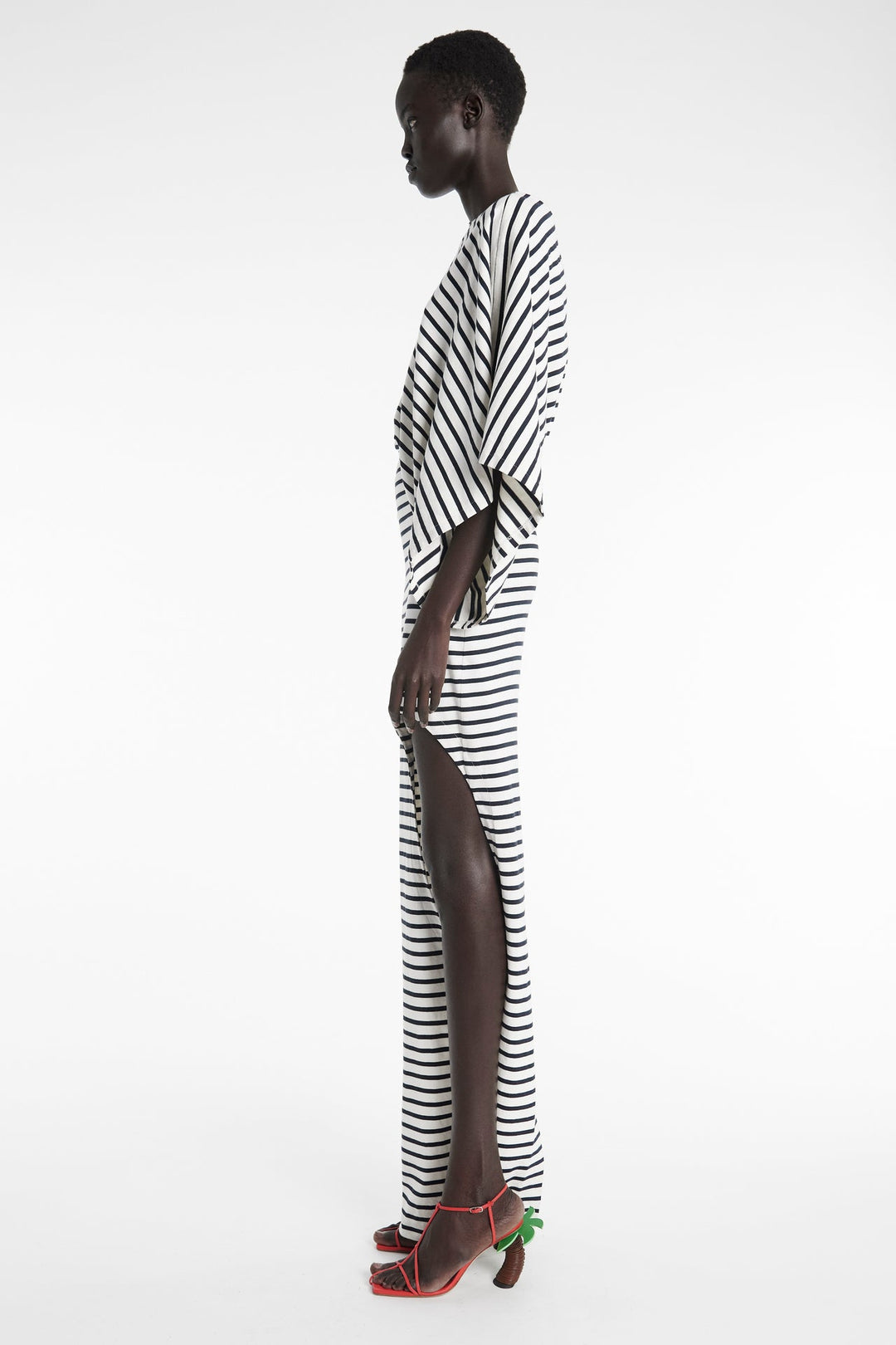 Asymmetric Maxi Dress With Cut Out Navy Ecru Stripe