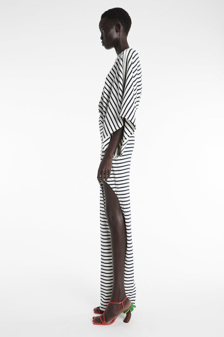 Asymmetric Maxi Dress With Cut Out Navy Ecru Stripe