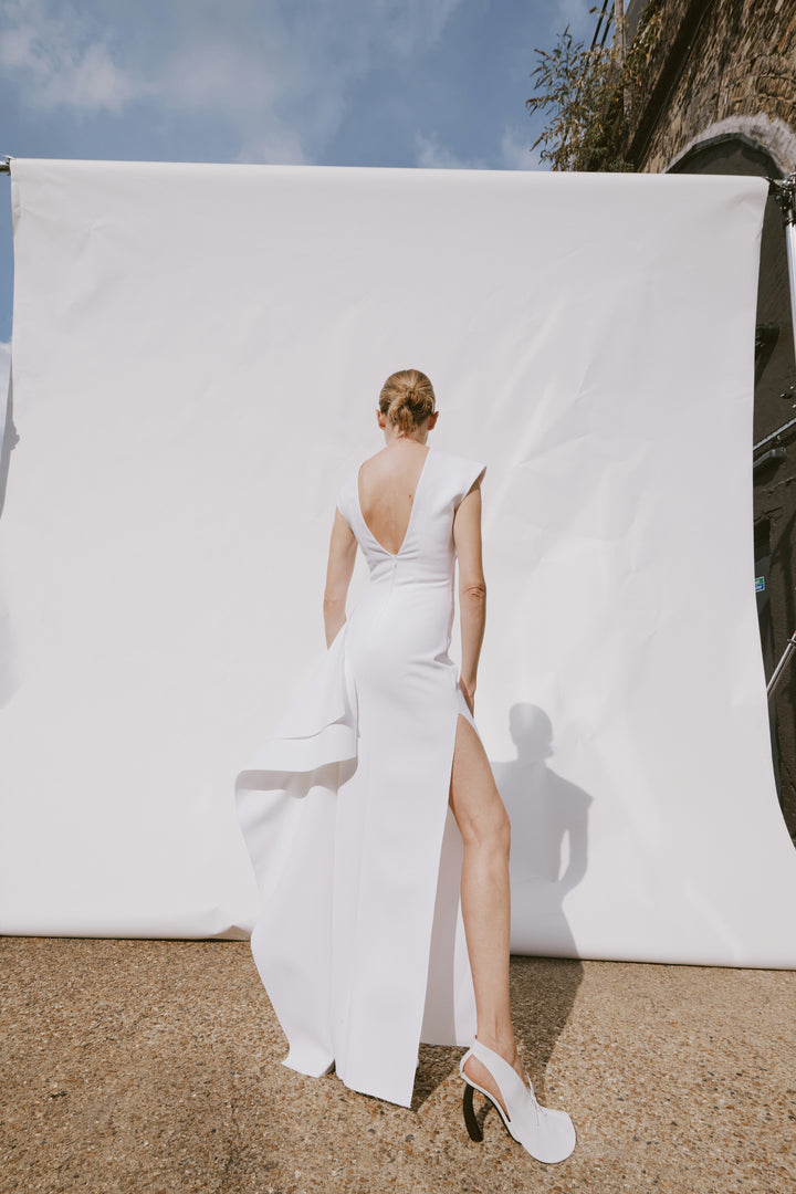 High Neck Pencil Dress With Side Panel Detail White