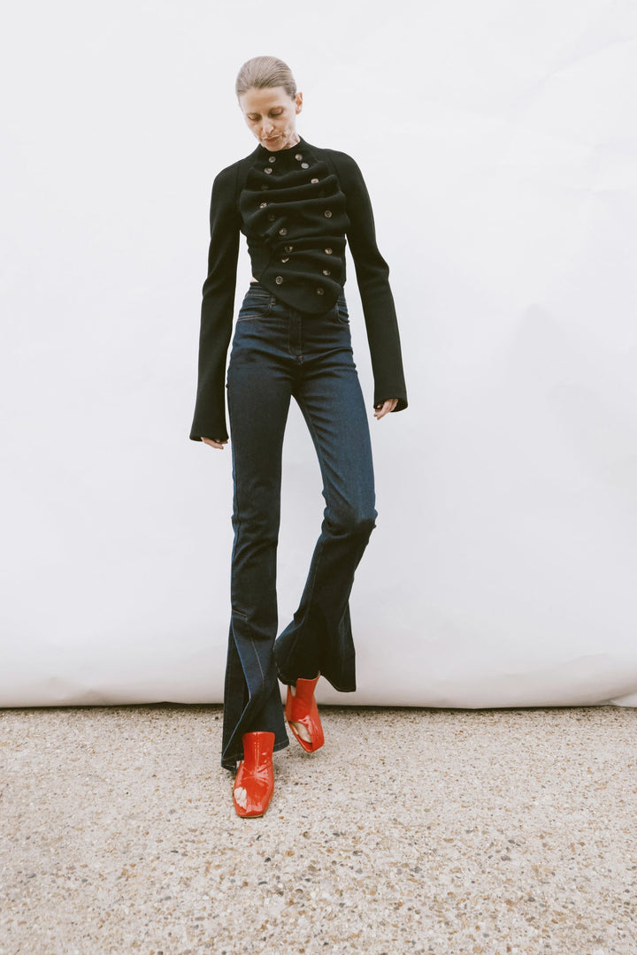 Fitted Stretch Flared Jeans With Side Slits Indigo Rinse Wash