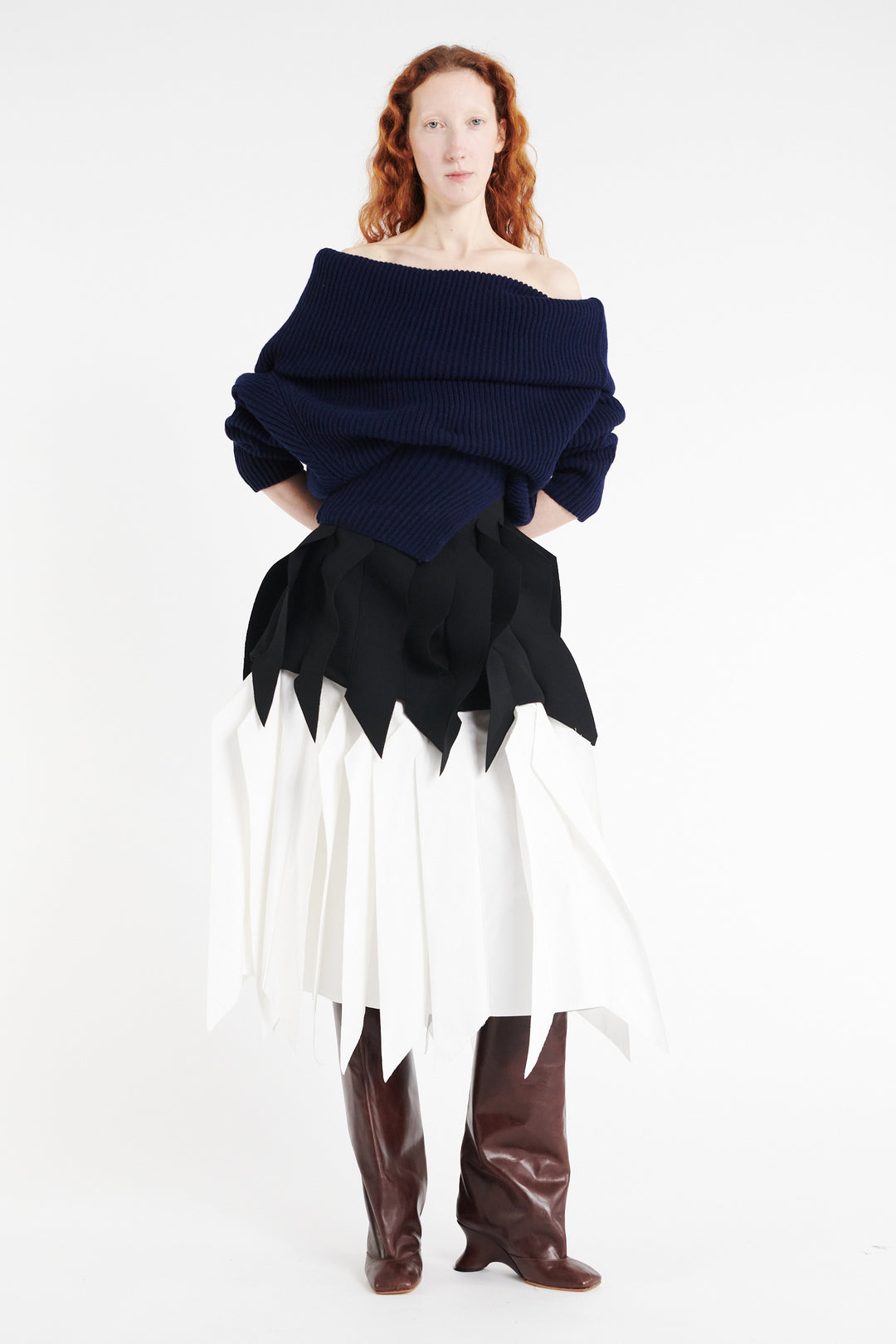 Off Shoulder Ribbed Sweater Navy