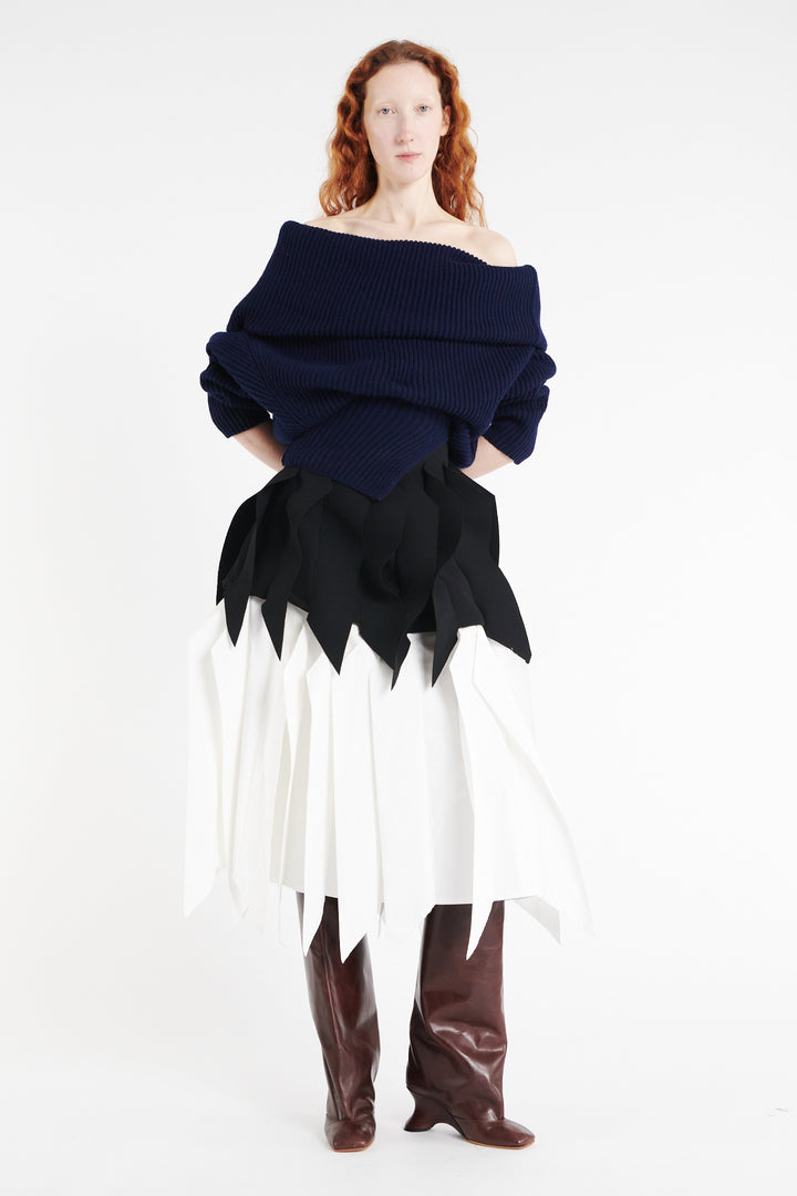 Off Shoulder Ribbed Sweater Navy