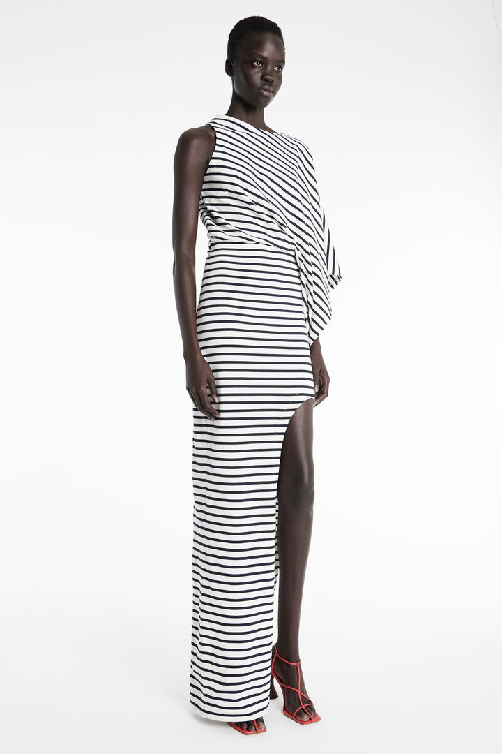 Asymmetric Maxi Dress With Cut Out Navy Ecru Stripe