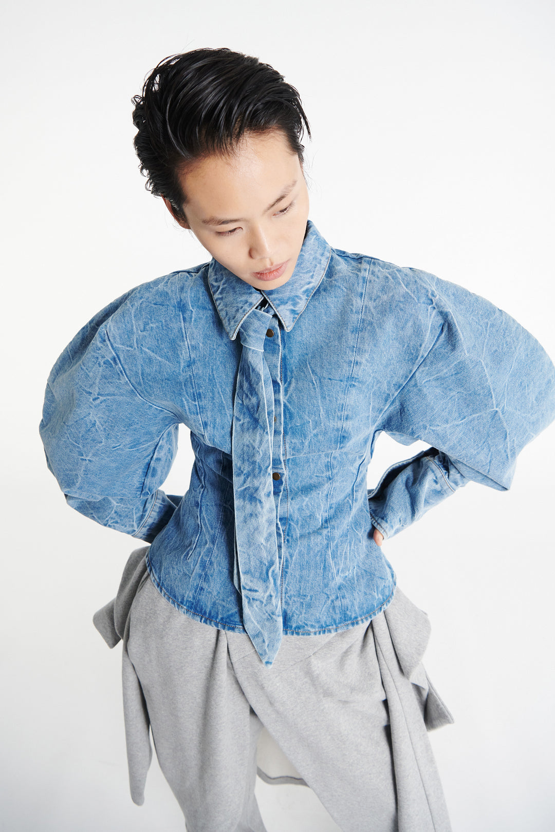 Puff Sleeve Shirt Indigo Acid Wash