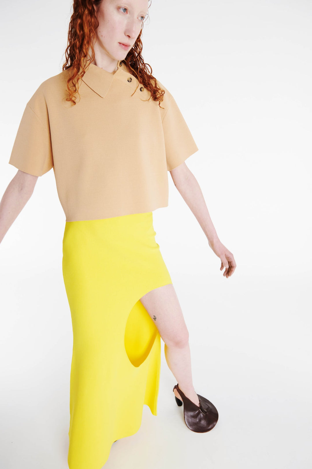 Knitted Flared Skirt With Cutout Yellow