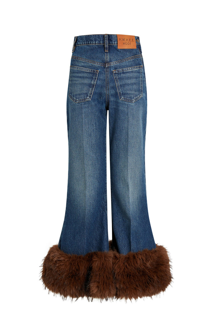 Cropped Flared Trousers With Faux Fur Hem Classic Blue Wash