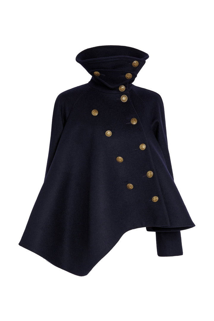 Flared Pea Coat With High Collar And Gold Buttons Navy