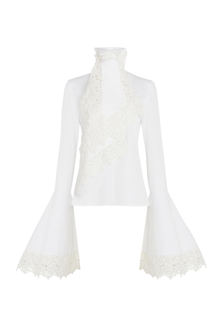 Victorian Style High Collar Top With Jabot White