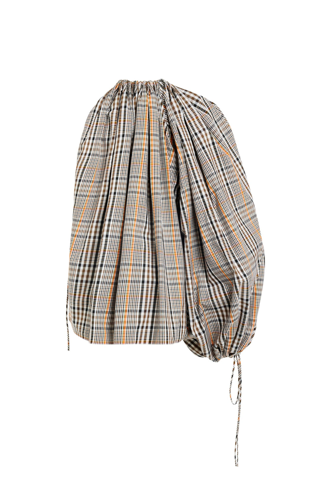 One-Sleeve Voluminous Top Brown Check