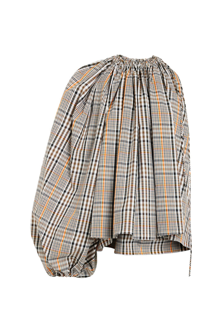 One-Sleeve Voluminous Top Brown Check