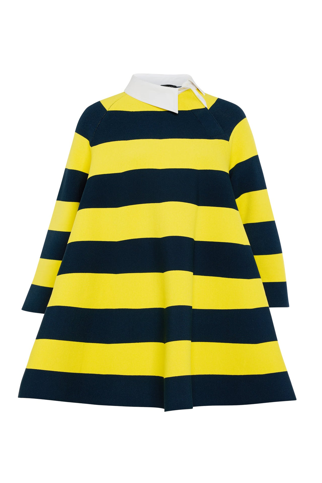 Knitted Flared Mini Dress With Asymmetric Collar Yellow Navy Striped