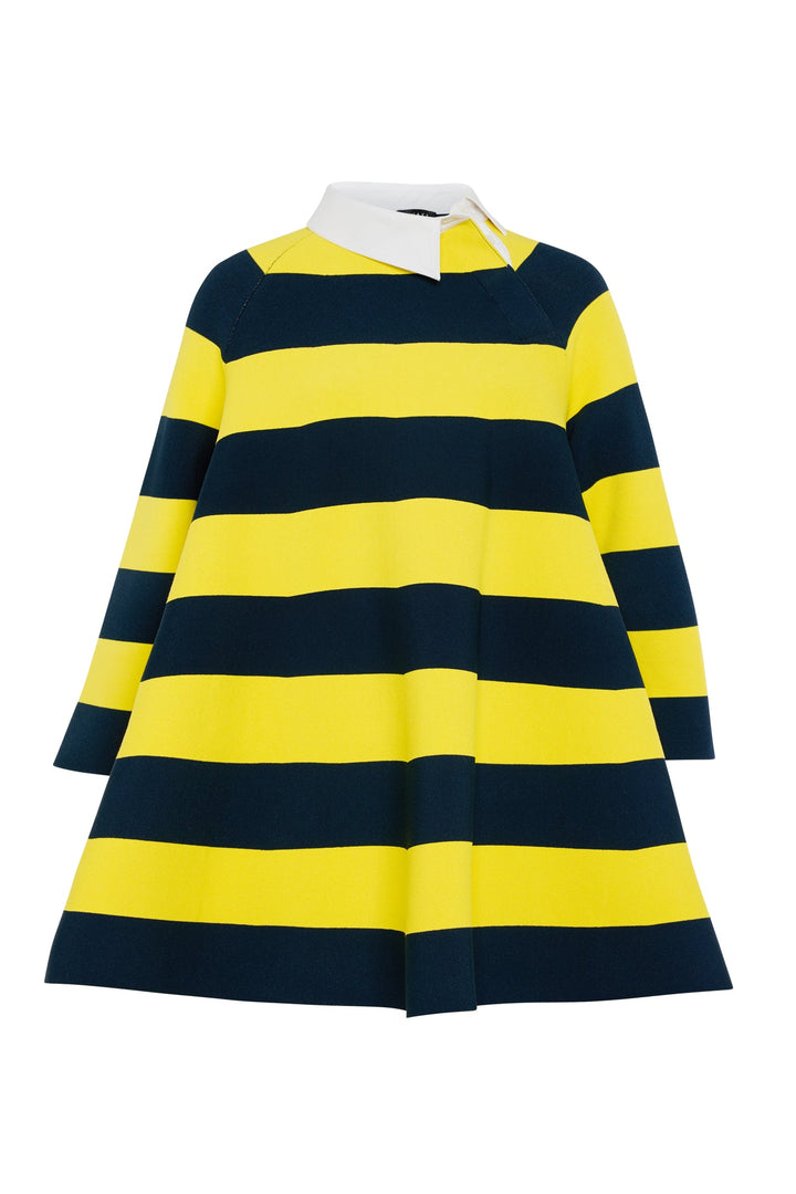 Knitted Flared Mini Dress With Asymmetric Collar Yellow Navy Striped