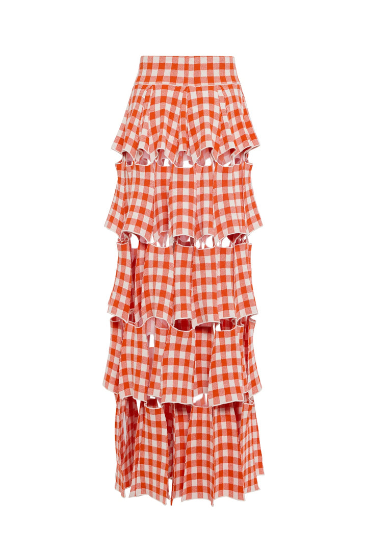 Knitted Multi Trapeze Skirt Red White Gingham