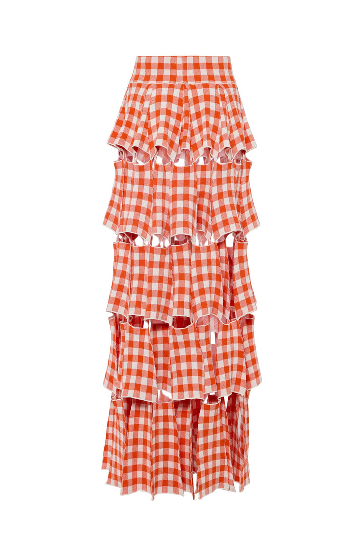 Knitted Multi Trapeze Skirt Red White Gingham