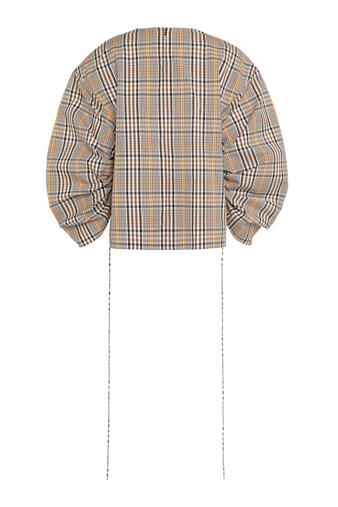 Drawstring Sleeve Top Brown Check