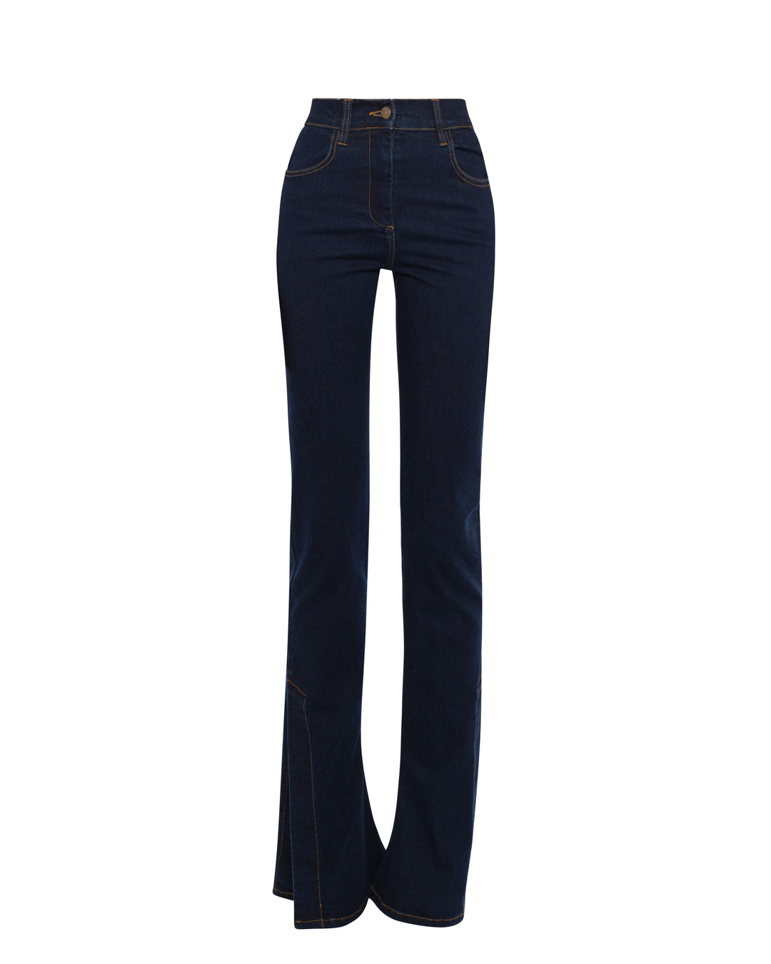 Fitted Stretch Flared Jeans With Side Slits Indigo Rinse Wash