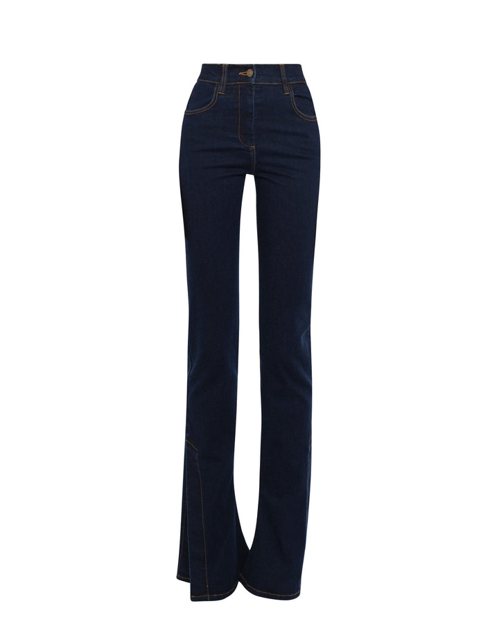 Fitted Stretch Flared Jeans With Side Slits Indigo Rinse Wash
