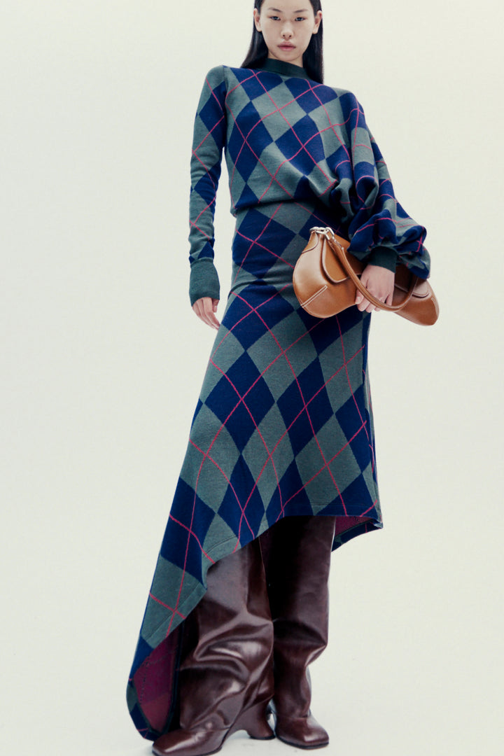 Argyle Knitted Dress Navy Green