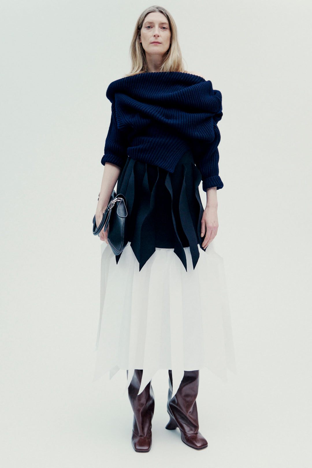 A-Line Skirt With Panel Black White