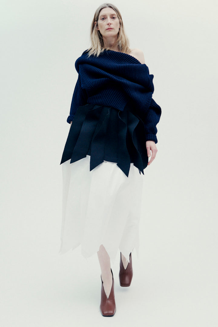 Off Shoulder Ribbed Sweater Navy