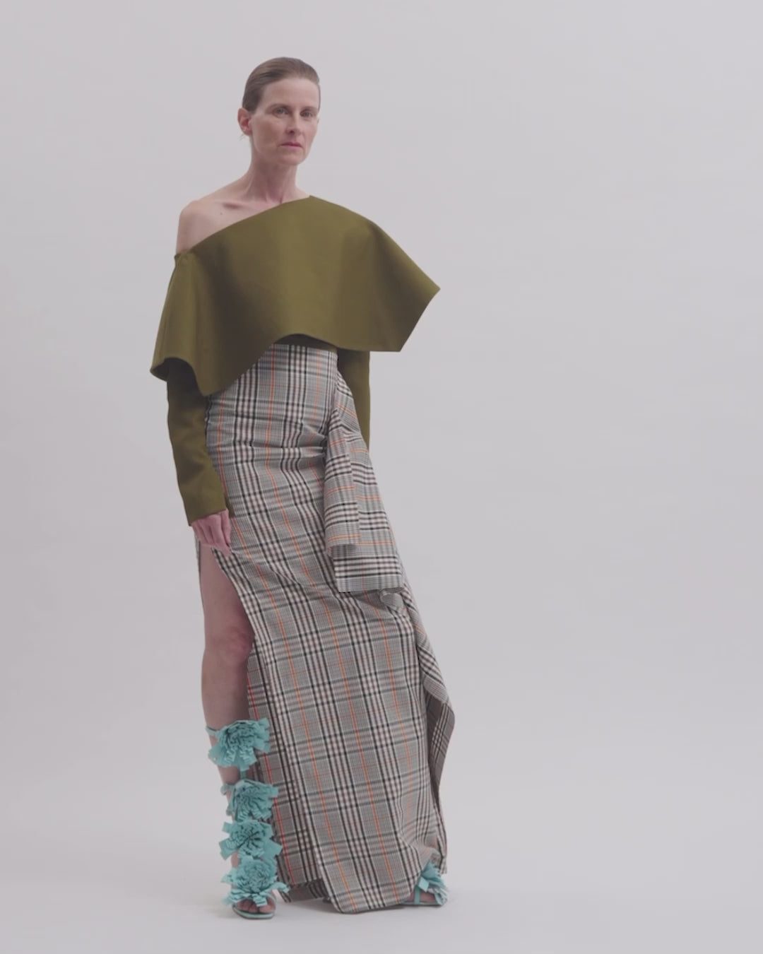Back To Front Asymmetric Oversized Collar Top Khaki Green