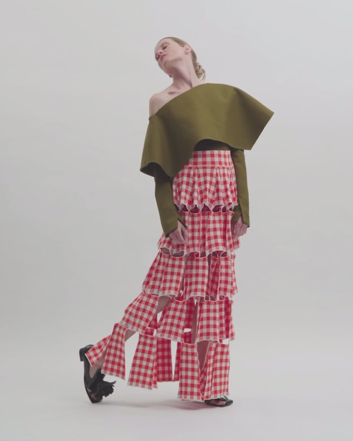 Knitted Multi Trapeze Skirt Red White Gingham