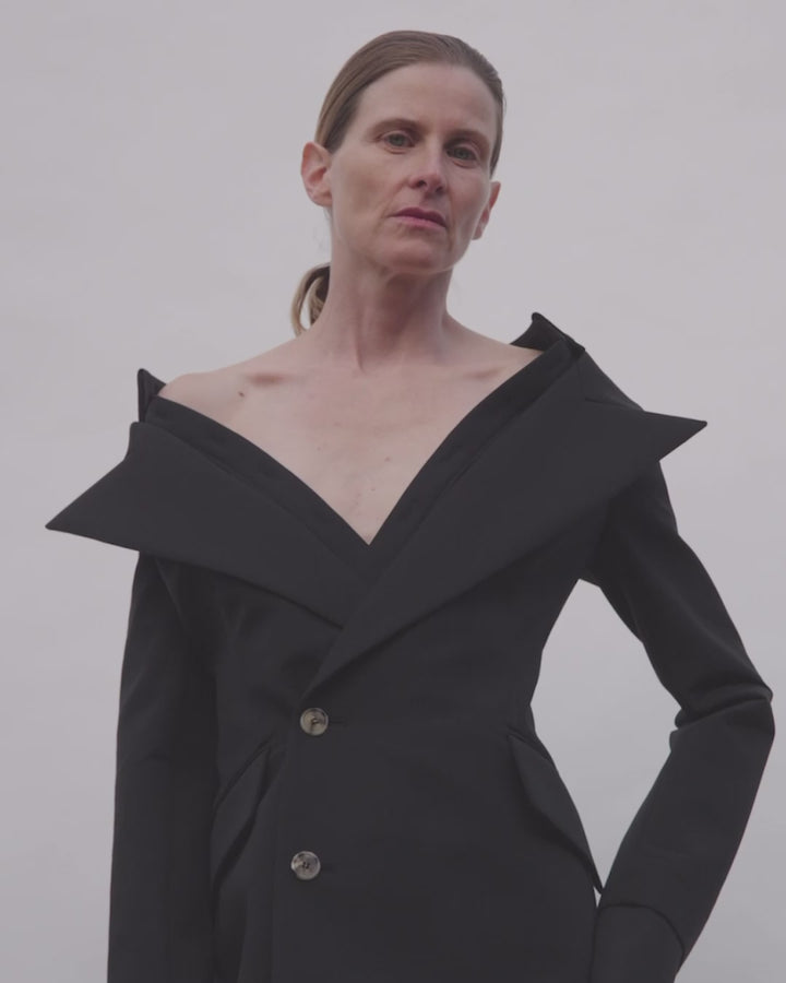 Double-Breasted Fitted Off-Shoulder Jacket Dress Black